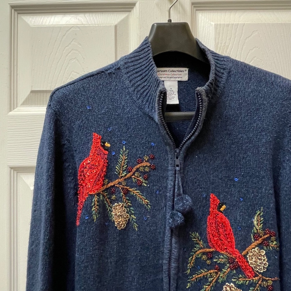 Vintage Heirloom Collectibles M Cardinal Beaded Navy Zip Cardigan Holiday Sequin